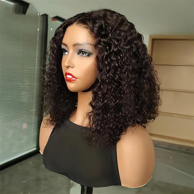 ISEE Wear and Go Glueless Wigs Bob Wigs Human Hair Pre Plucked Water Wave Lace Front Wigs Human Hair Upgraded No Glue Transparent Lace Closure Wigs Human Hair for Women Natural Black 14 Inch - Image 3